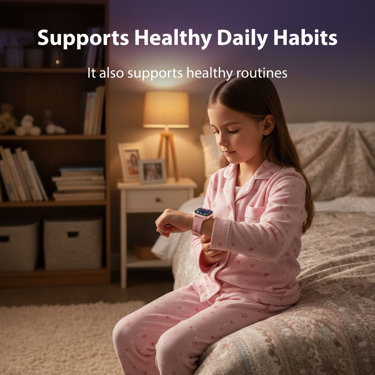 Child wearing a pink v-Fitness kids smart watch as part of an everyday wellness routine