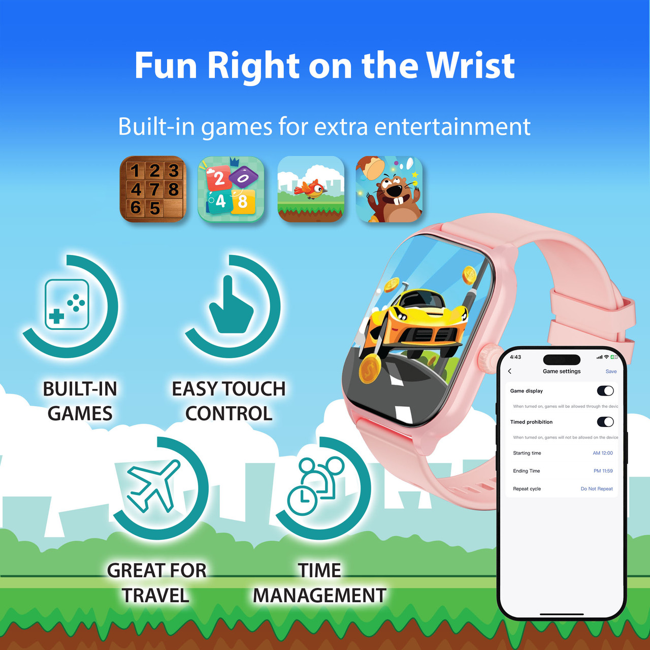 Pink v-Fitness kids smart watch showing built-in games and touch controls