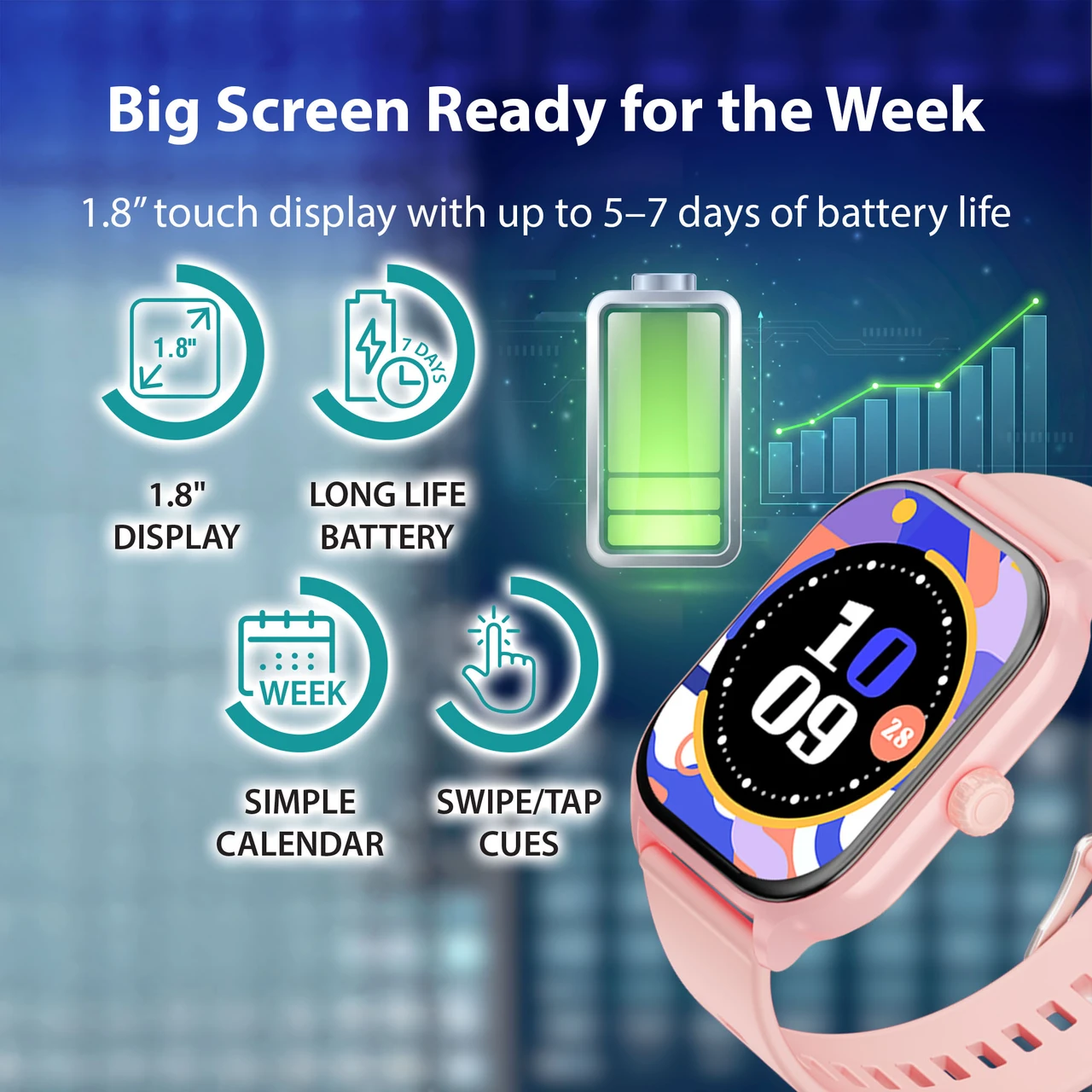 Pink kids smart watch highlighting its touch display and battery life