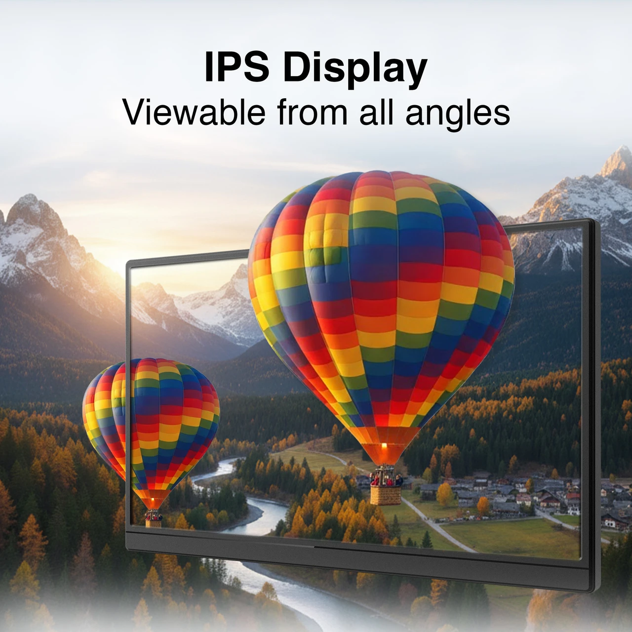 Laser IPS portable monitor showing colourful hot air balloon image from wide viewing angle
