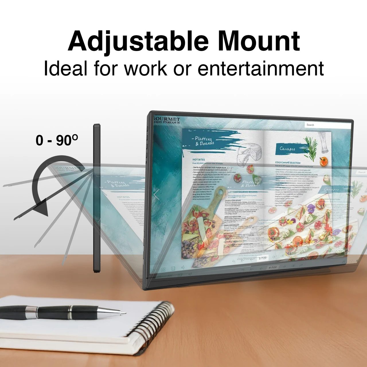 Laser portable monitor with adjustable 0 to 90 degree stand on desk