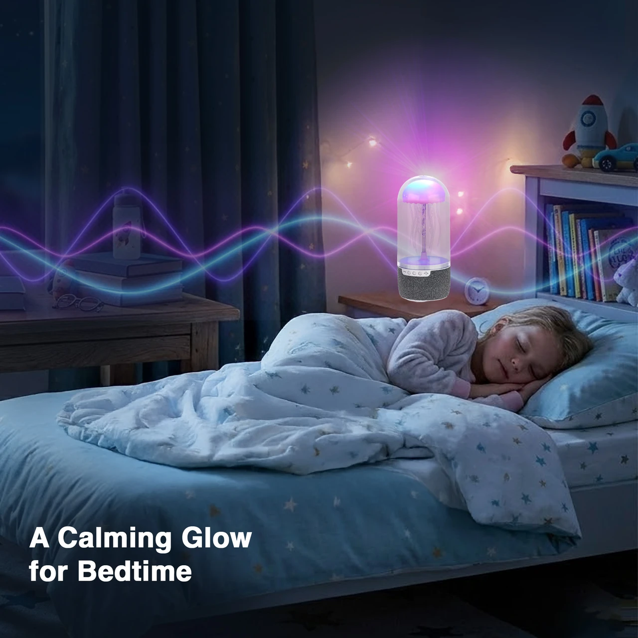 laser jellyfish night light speaker creating a calming glow in bedroom
