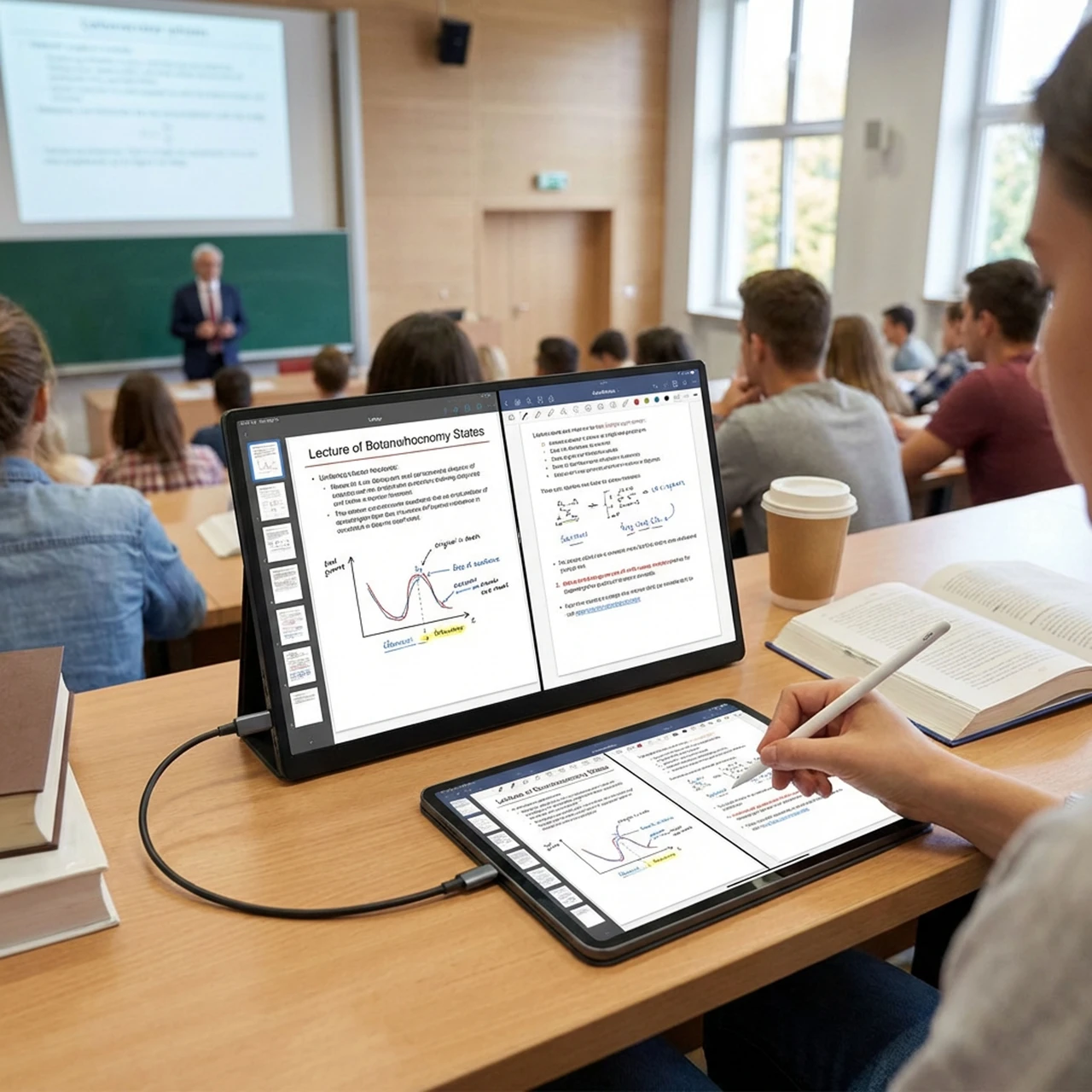 Laser portable touchscreen monitor used in a classroom or study setting