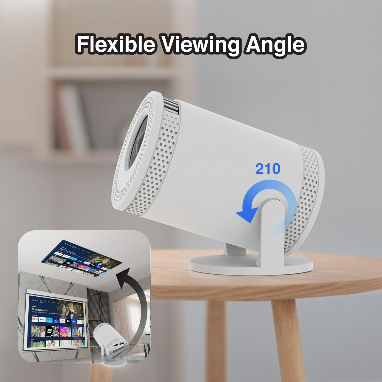 Laser portable projector on its 210-degree adjustable stand