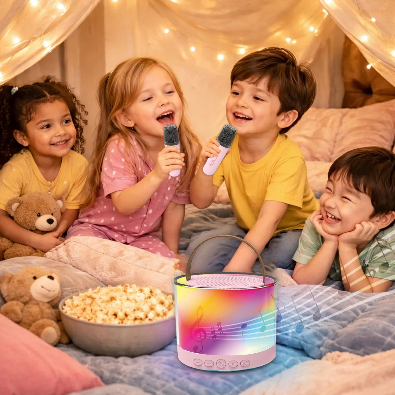 kids singalong sleepover scene with mini rgb karaoke speaker and pink microphones