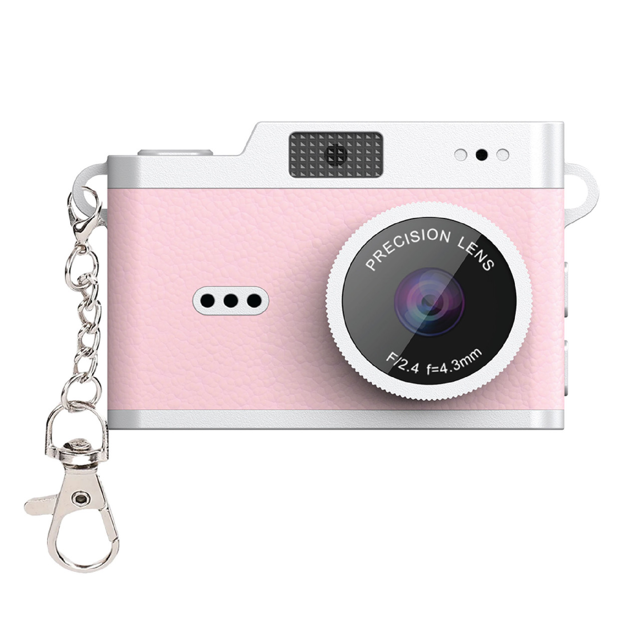 Laser pink kids mini digital camera front view with keychain