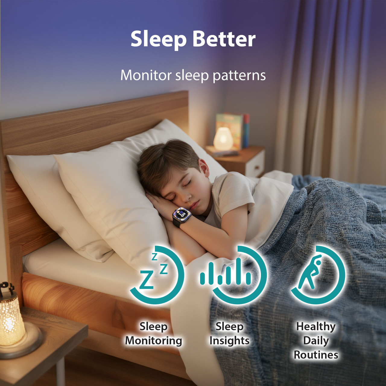 black kids smart watch showing sleep monitoring and routine features