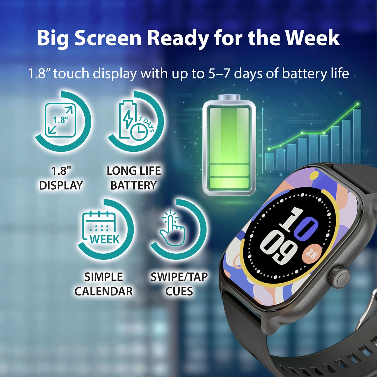 Black kids smart watch highlighting its touch display and battery life