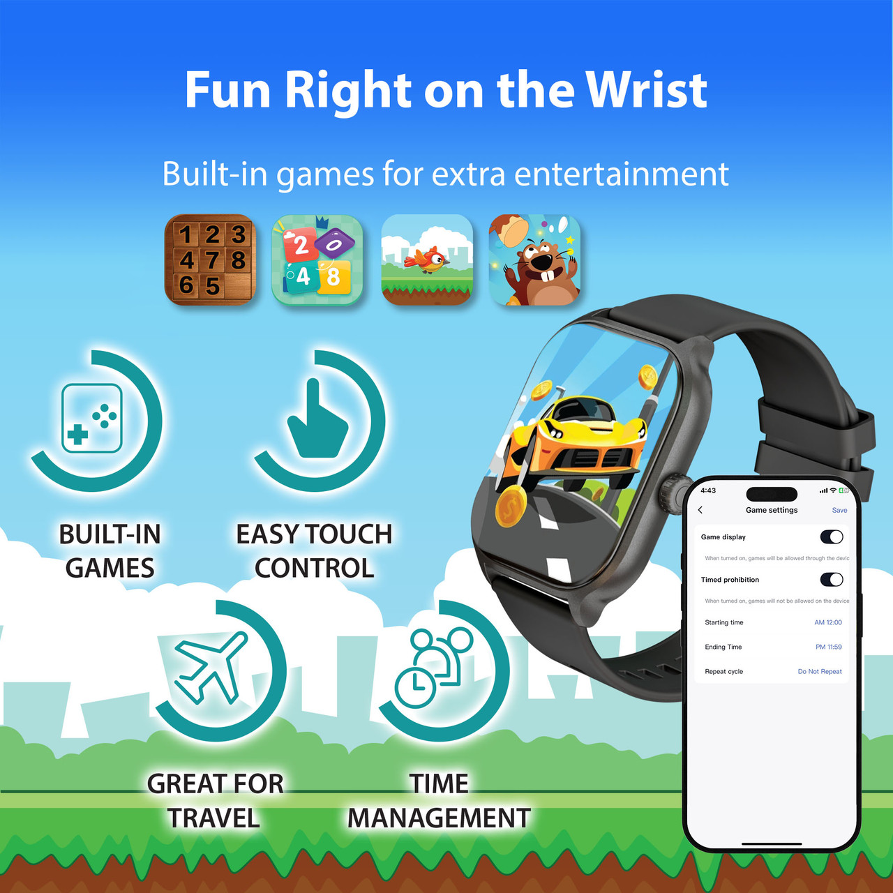 Black v-Fitness kids smart watch showing built-in games and touch controls