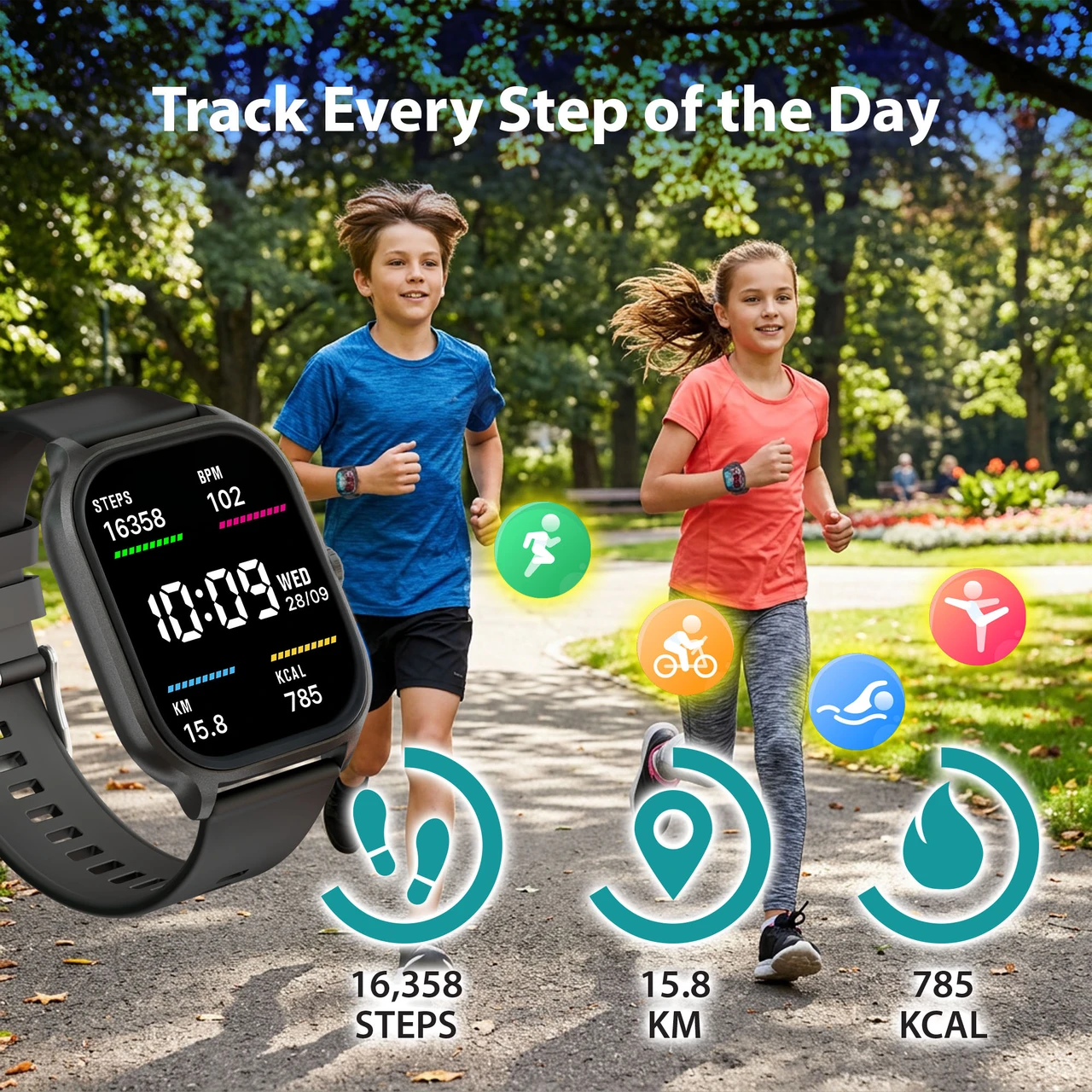 Black v-Fitness kids smart watch showing steps calories and distance information