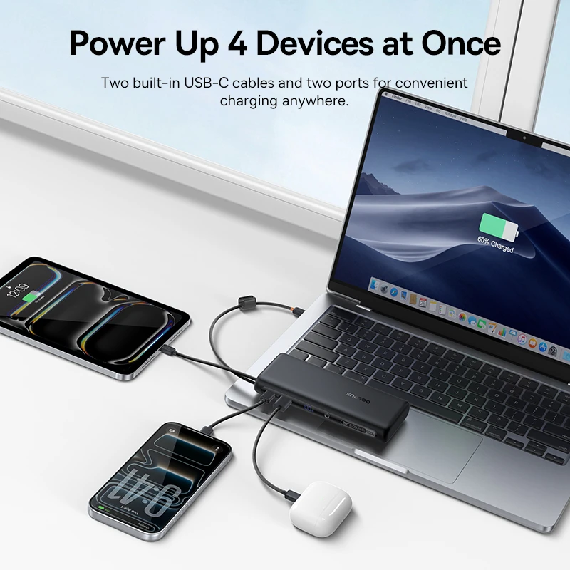 Baseus EnerFill FC41 power bank connected to a laptop, two phones and an earbud case