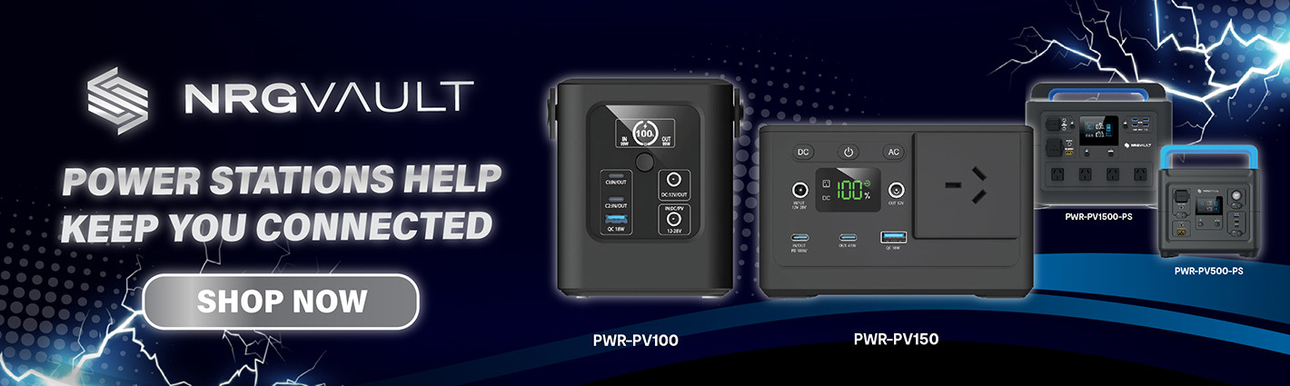 NRGVault portable power stations range including PV100 PV150 and PV500 backup energy solutions
