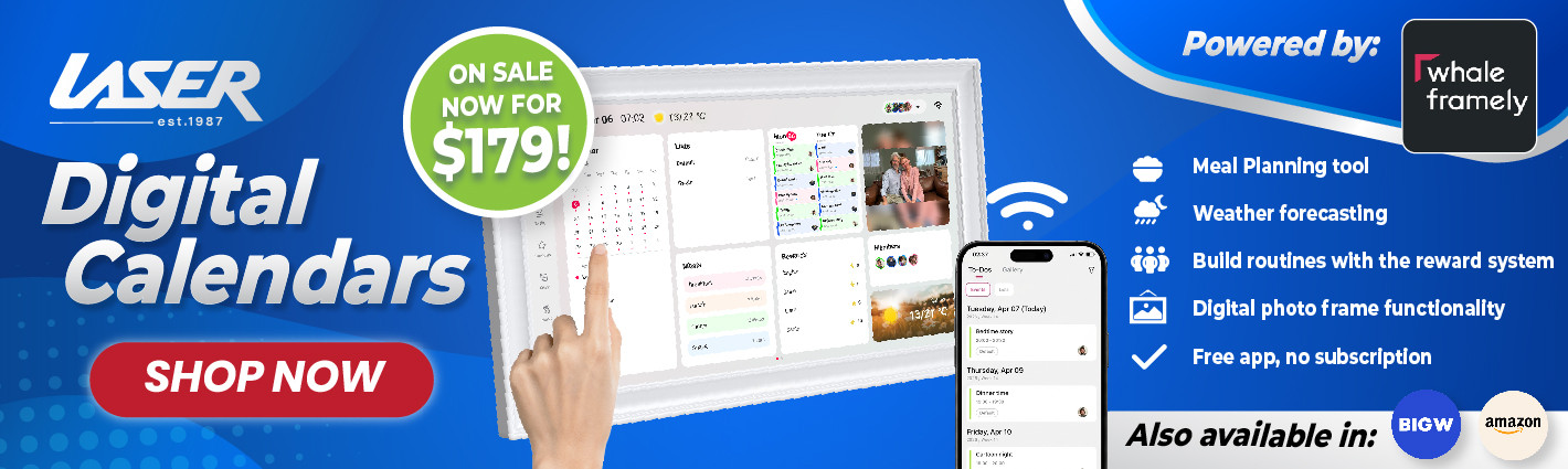 Laser 15.6-inch Digital Calendar touch screen with meal planning, weather, routines and digital photo frame