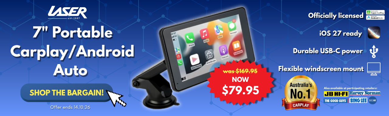 Shop the Laser 7 inch portable CarPlay and Android Auto screen for $79.95, reduced from $169.95. Offer ends 14 October 2026.