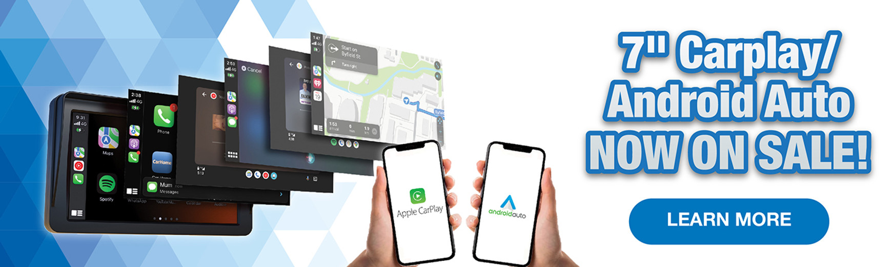 Promo banner for 7-inch CarPlay and Android Auto touchscreen on sale, featuring Apple CarPlay and Android Auto interfaces with hands holding smartphones