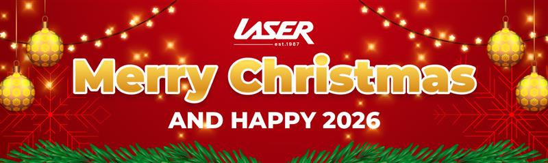 Laser Merry Christmas and Happy 2026 festive banner with red background, holiday lights and decorationsLaser Merry Christmas and Happy 2026 festive banner with red background, holiday lights and decorations