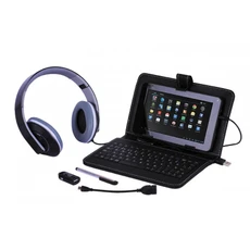 Laser 5-in-1 tablet accessories pack showing headphones, keyboard case, stylus, USB OTG adapter and charging accessory
