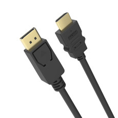 laser displayport to hdmi cable black close up showing displayport and hdmi connectors