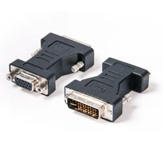Two views of the black Laser DVI-I to VGA adapter showing the male plug and female socket