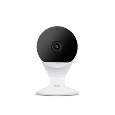 laser smart full hd indoor camera white front view on white background showing lens and stand