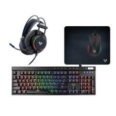 laser 4-in-1 rgb gaming bundle keyboard mouse headset and mouse pad grouped on white background