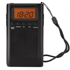 Front view of the Laser Pocket AM/FM Radio, showing the LCD display and control buttons, with a wrist strap attached.