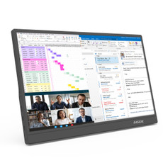 laser 15.6 inch portable monitor showing work apps spreadsheet email and video call on screen
