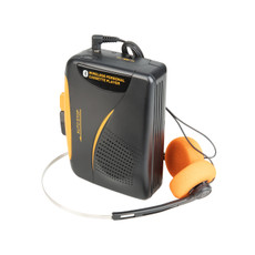 Laser portable cassette player in black and orange shown with a cassette tape.