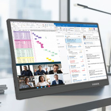 Precision 15.6 inch portable monitor showing spreadsheet, email and video call setup