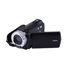Laser digital 1080p camcorder in black with 3-inch flip-out screen and hand strap