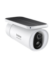 Baseus S1 2K solar outdoor security camera in white, angled front view