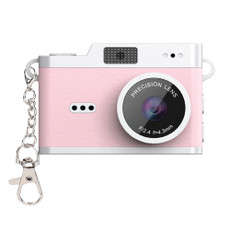 Laser pink kids mini digital camera front view with keychain clip