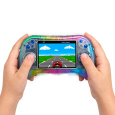Laser retro handheld game console held in both hands with a racing game on the colour screen