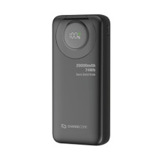 Black ChargeCore 20,000mAh semi solid-state power bank showing the front digital display