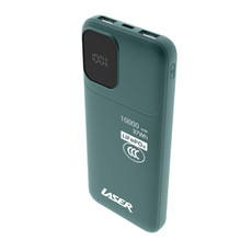 Laser 10000mAh LiFePO4 power bank in Deep Green shown from a front three-quarter angle with LED battery display and three charging ports