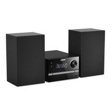 Angled front view of the black Laser CD micro hi-fi system with two speakers, display and volume control