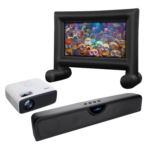 Laser Outdoor Cinema Bundle with Full HD projector, Bluetooth soundbar, and 144" screen