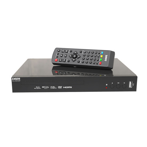 Laser BLU-BD4000 Blu-ray/DVD/CD Media Player with remote control placed on top.