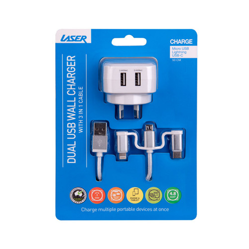 Laser 24W Dual 2.4 A USB AC Charger with 3 in 1 Charging Cable White