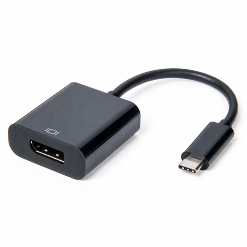 Black USB-C to DisplayPort adapter with short cable, DisplayPort socket and USB-C plug