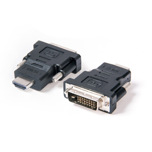 Two views of the black DVI-D male to HDMI male adapter showing both connector ends