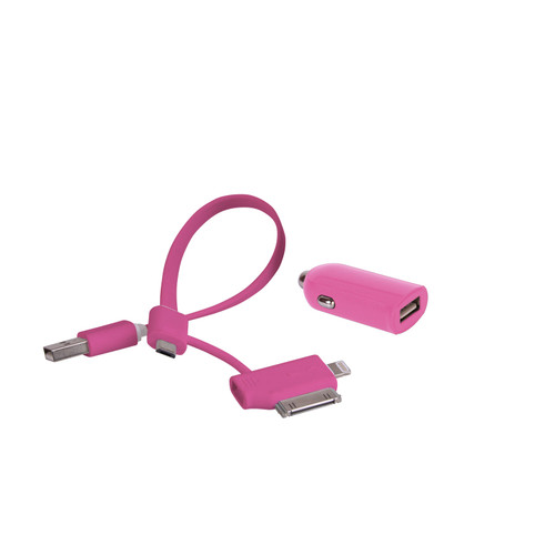 Laser 2.4A Car Charger with Versatile 3-in-1 Cable - Pink