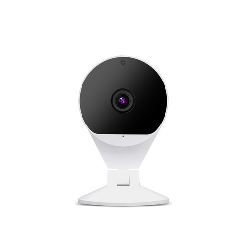 laser smart full hd indoor camera white front view on white background showing lens and stand