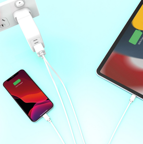 iPhone and iPad connected with USB A to Lightning Cable in white