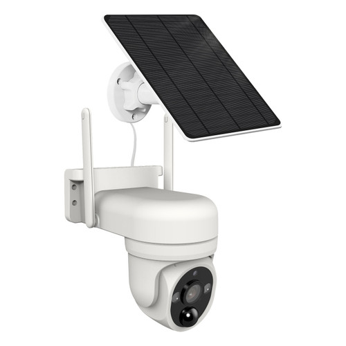 Laser SmartHome camera mounted on outdoor wall with solar panel