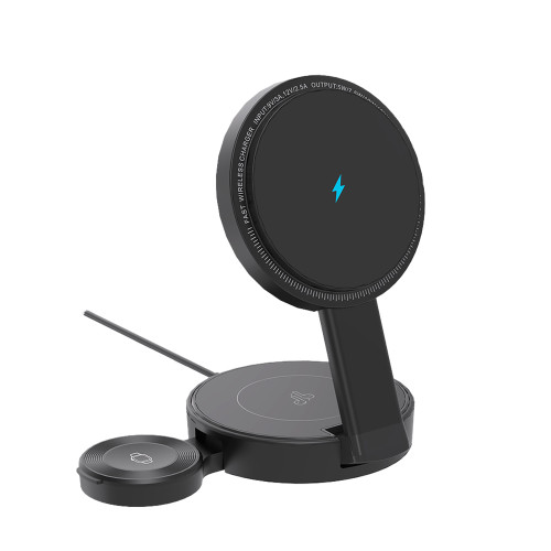 laser chargecore 3 in 1 foldable wireless charging stand black front angle on white background