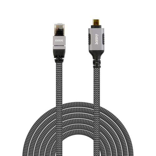 laser usb-c to rj45 ethernet cable black braided close-up of connectors on white background