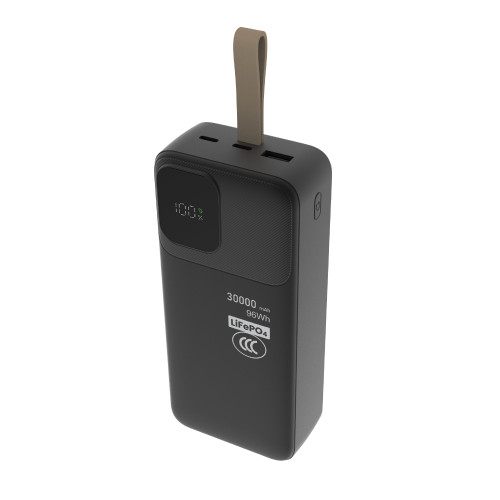 Laser 30000mAh LiFePO4 USB-C power bank showing LED display and rugged compact design