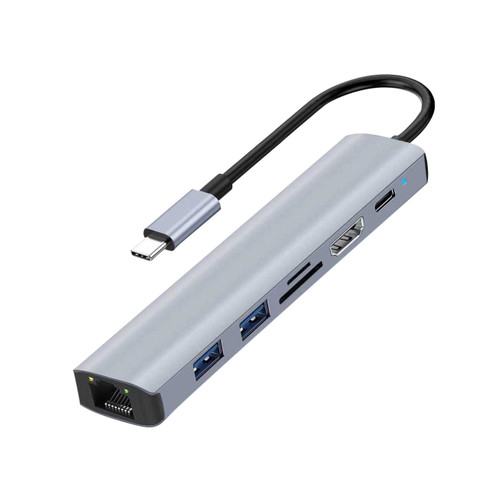 laser usb-c multi-port hub angled close-up showing compact aluminium body and port layout on white background