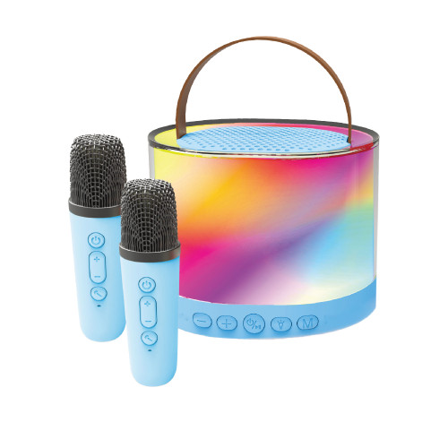 blue mini rgb karaoke speaker with two wireless microphones on white background